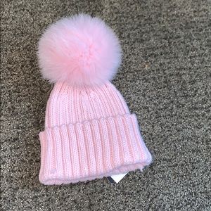 Adrienne Landau pink baby hat with fur Pom Pom